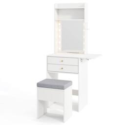 Costway Small Makeup Vanity Desk Dressing Table Set w/Mirror & Lights-White in White - thumbnail 9