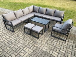 Fimous Aluminium Outdoor Garden Furniture Set Lounge Corner Sofa Chair Oblong Coffee Table Sets with 2 Small Footstools Dark Grey - thumbnail 2
