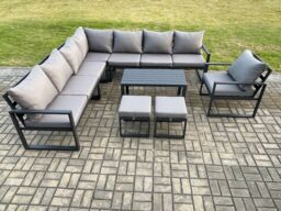 Fimous Aluminium Outdoor Garden Furniture Set Lounge Corner Sofa Chair Oblong Coffee Table Sets with 2 Small Footstools Dark Grey - thumbnail 1