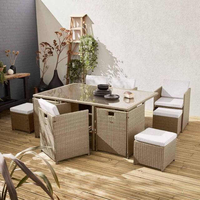 sweeek 6 To 10-seater Rattan Cube Table Set With Chairs in Beige - image 1
