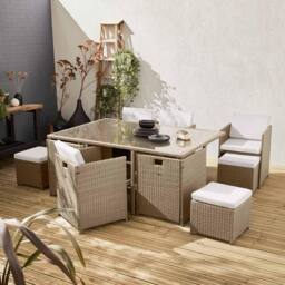 sweeek 6 To 10-seater Rattan Cube Table Set With Chairs in Beige - thumbnail 1