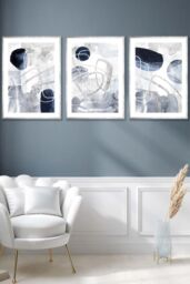 ARTZE Set of 3 Silver Framed Abstract Navy Blue & Silver Watercolour Shapes Wall Art - Size: W33 cm x H45 cm x D20mm