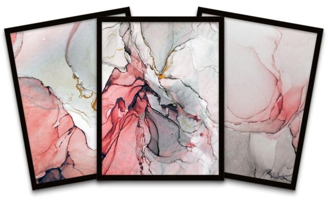 "Wee Blue Coo Wall Art Print Abstract Paint Pink Grey Marble Swirls Black Framed Poster Pack of 3 - Size: W12"" x H16""" - image 1