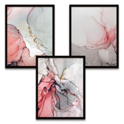 "Wee Blue Coo Wall Art Print Abstract Paint Pink Grey Marble Swirls Black Framed Poster Pack of 3 - Size: W12"" x H16""" - thumbnail 2