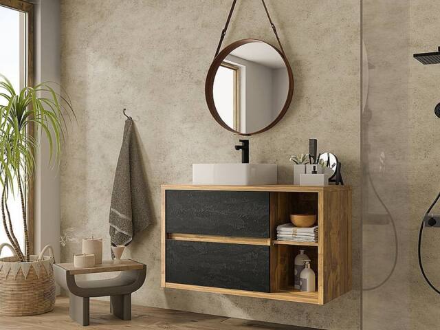 Vente-unique Wall-Hung Bathroom Unit With Square Basin - Natural & Anthracite in Light Oak - image 1