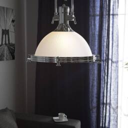 Wyld and Coco Industrial Pendant Lamp White Frosted Glass Bowl Silver Metal Frame