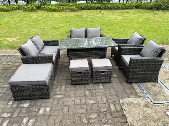 Fimous 9 Seater Dark Grey High Back Rattan Sofa Set Dining Table Garden Furniture Outdoor With Arm Chair Love Seat