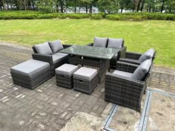 Fimous 9 Seater Dark Grey High Back Rattan Sofa Set Dining Table Garden Furniture Outdoor With Arm Chair Love Seat - thumbnail 2