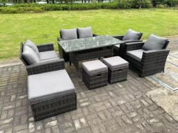 Fimous 9 Seater Dark Grey High Back Rattan Sofa Set Dining Table Garden Furniture Outdoor With Arm Chair Love Seat - thumbnail 3