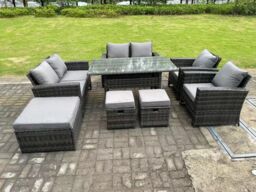 Fimous 9 Seater Dark Grey High Back Rattan Sofa Set Dining Table Garden Furniture Outdoor With Arm Chair Love Seat - thumbnail 1