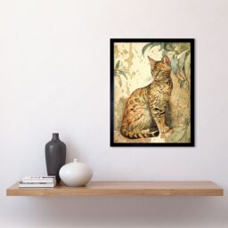 "Artery8 Wall Art Print Marble Coat Bengal Cat Perched on Street Wall Watercolour Art Framed in Beige - Size: W12"" x H16""" - thumbnail 2