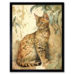 "Artery8 Wall Art Print Marble Coat Bengal Cat Perched on Street Wall Watercolour Art Framed in Beige - Size: W12"" x H16""" - thumbnail 1