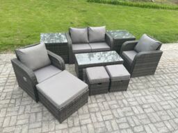 Fimous Rattan Lounge Sofa Set Outdoor Garden Furniture Set with Rectangular Coffee Table Love Sofa 2 Side Tables 3 Footstools in Dark Grey - thumbnail 2
