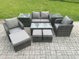 Fimous Rattan Lounge Sofa Set Outdoor Garden Furniture Set with Rectangular Coffee Table Love Sofa 2 Side Tables 3 Footstools in Dark Grey - thumbnail 1