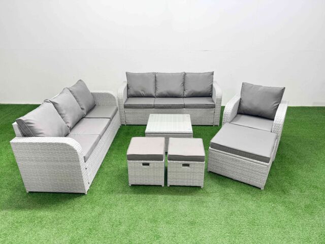 Fimous 10 Seater Poly Rattan Outdoor Garden Furniture Square Coffee Table Sofa Set Patio 3 Seater Sofa Reclining Chair 3 Seater Sofa 3 Stools Light - image 1