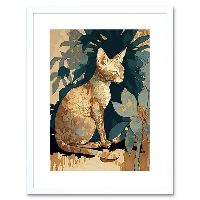"Artery8 Wall Art Print Devon Rex Cat with Flower Pattern Fur Modern Artwork Framed 9X7 Inch in White - Size: W7"" x H9""" - image 1