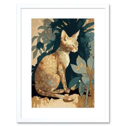 "Artery8 Wall Art Print Devon Rex Cat with Flower Pattern Fur Modern Artwork Framed 9X7 Inch in White - Size: W7"" x H9""" - thumbnail 1