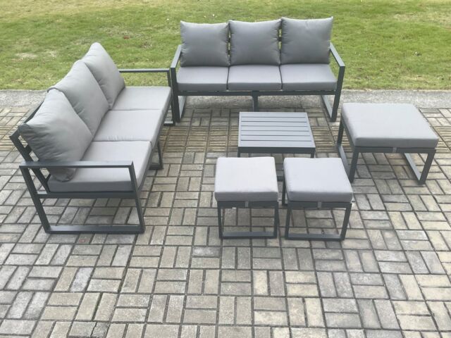 Fimous Aluminium 9 Seater Outdoor Garden Furniture Lounge Sofa Set with Square Coffee Table 3 Footstools Dark Grey - image 1