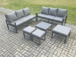 Fimous Aluminium 9 Seater Outdoor Garden Furniture Lounge Sofa Set with Square Coffee Table 3 Footstools Dark Grey - thumbnail 2