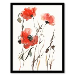 Artery8 Watercolour Poppy Flowers Bright Abstract Floral Framed Art Print in Red - Size: A4 - thumbnail 1