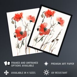 Artery8 Watercolour Poppy Flowers Bright Abstract Floral Framed Art Print in Red - Size: A4 - thumbnail 2