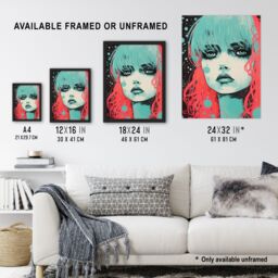 Artery8 Emo Daydreams Crimson & Mint Modern Artwork Anime Painting Art Print Framed Poster Wall Decor in Black - Size: A4 - thumbnail 3