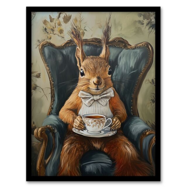 "Artery8 Red Squirrel Bow Tie Tea Time Armchair Portrait Framed Art Print in Brown - Size: W12"" x H16""" - image 1