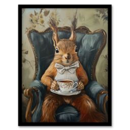 "Artery8 Red Squirrel Bow Tie Tea Time Armchair Portrait Framed Art Print in Brown - Size: W12"" x H16""" - thumbnail 1