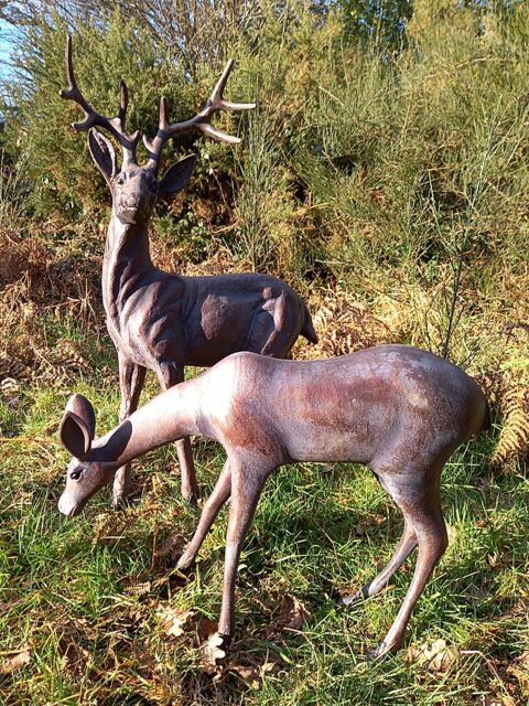 Inspirational Gifting Extra Large Stag & Doe Deer Sculptures Garden Ornaments in Bronze - image 1