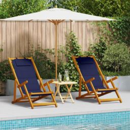 Berkfield Home Folding Beach Chairs - Set of 2, Blue, Solid Acacia Wood & Textilene in Blue - thumbnail 1