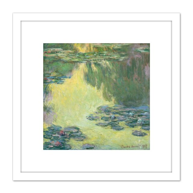 Artery8 Claude Monet Waterlilies Painting 8X8 Inch Square Wooden Framed Wall Art Print Picture with Mount in White - image 1