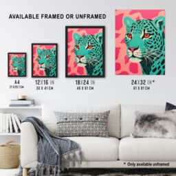"Artery8 Wall Art Print Modern Aqua Green Leopard On Pink Pop Art Style Risograph Artwork Painting Poster - Size: W12"" x H16""" - thumbnail 3