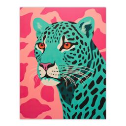 "Artery8 Wall Art Print Modern Aqua Green Leopard On Pink Pop Art Style Risograph Artwork Painting Poster - Size: W12"" x H16""" - thumbnail 1
