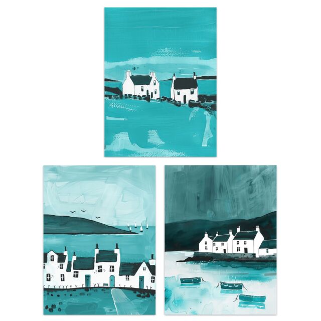 "Artery8 Set of 3 Scottish Hebrides Teal Isle Mull Coastal 12X16"" Art Prints in Blue - Size: W12"" x H16""" - image 1