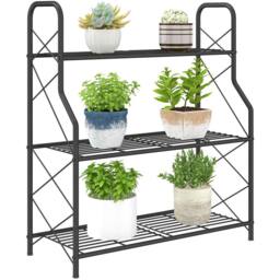 OUTSUNNY 3-Tier Metal Plant Stand, Ladder Shelf Potted Plants Display in Black - thumbnail 2