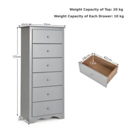 Costway Chest of Drawers Free Standing 6 Drawers Wooden Storage Cabinet W/ Metal Handles in Grey - thumbnail 5