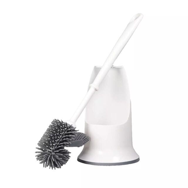 mysmartbuy White & Grey Silicone Toilet Brush & Holder - Long Handled Flexible Bristle Loo Cleaner Tool with Rounded & Angled Head - image 1