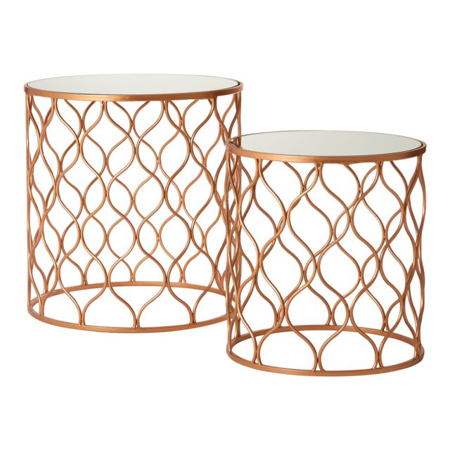 Orsina Set of 2 Copper Accent Tables With Mirrored Tops, Round Tables With Wave Design Metal Frames, Luxe Side Tables in Gold - image 1