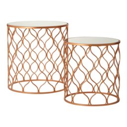 Orsina Set of 2 Copper Accent Tables With Mirrored Tops, Round Tables With Wave Design Metal Frames, Luxe Side Tables in Gold - thumbnail 1