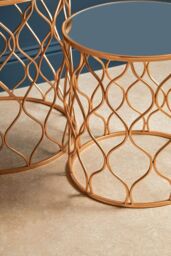 Orsina Set of 2 Copper Accent Tables With Mirrored Tops, Round Tables With Wave Design Metal Frames, Luxe Side Tables in Gold - thumbnail 5