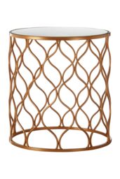Orsina Set of 2 Copper Accent Tables With Mirrored Tops, Round Tables With Wave Design Metal Frames, Luxe Side Tables in Gold - thumbnail 2