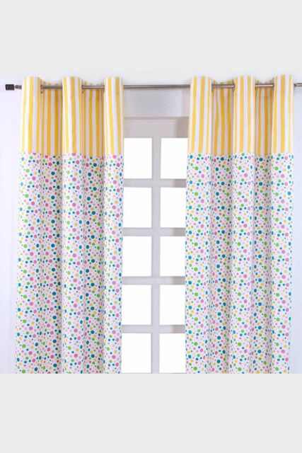 Homescapes Multi Polka Dots Ready Made Eyelet Curtain Pair in Yellow - Size: 140 cm width x 183 cm drop - image 1