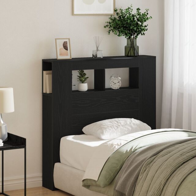 Berkfield Home Storage Headboard with LED Lights Black Oak 100x18, 5x103, 5 cm - image 1