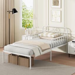 Gymax Extendable Daybed Frame Single Metal Bed With Trundle & Slats Support in White - thumbnail 1
