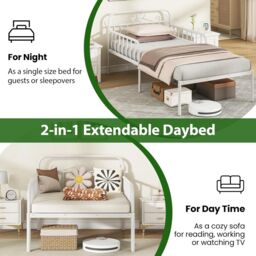Gymax Extendable Daybed Frame Single Metal Bed With Trundle & Slats Support in White - thumbnail 2