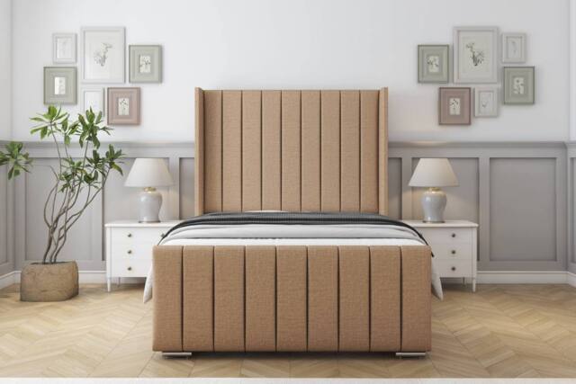 "Sloomy Luthor Dumfries Bed Frame With 50"" Upholstered Wingback Headboard in Light Brown - Size: Small Single" - image 1