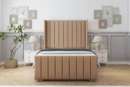 "Sloomy Luthor Dumfries Bed Frame With 50"" Upholstered Wingback Headboard in Light Brown - Size: Small Single" - thumbnail 1