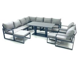 Fimous 12 Seater Outdoor Aluminum Garden Furniture Set Corner Sofa 2 Chair 3 Footstools Adjustable Rising Lifting Dining Table Sets Dark Grey - thumbnail 1