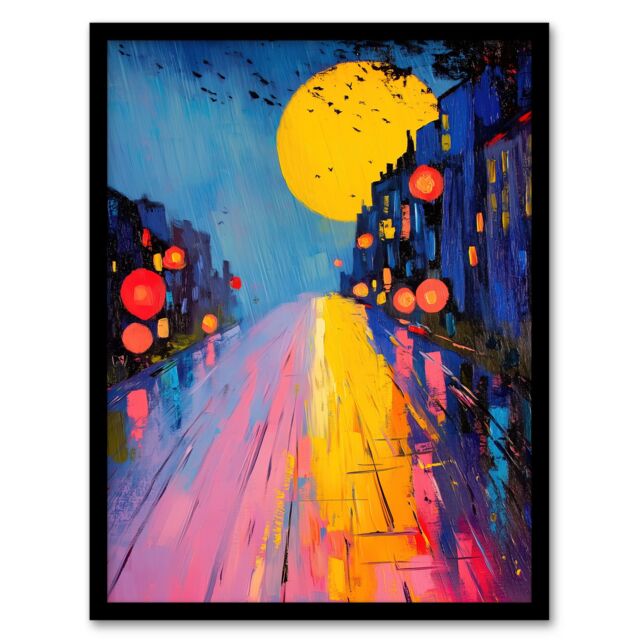 Artery8 Full Moon Night City Street Colourful Abstract Framed Art Print - Size: A4 - image 1