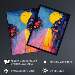 Artery8 Full Moon Night City Street Colourful Abstract Framed Art Print - Size: A4 - thumbnail 2
